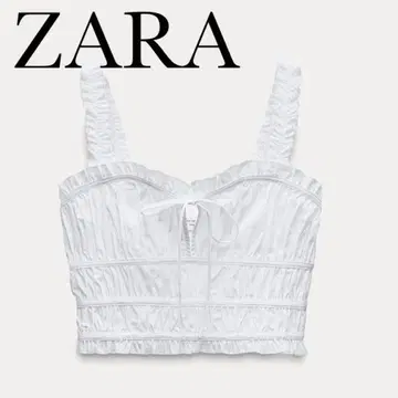 ZARA 드레이프 포플린 톱스 화이트 화이트 탱크톱 리본 프릴