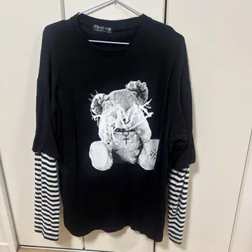 TRAVAS 곰 프린트 스트라이프 장소매 티셔츠