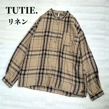 TUTIE. 리 체크 패턴 밴드 칼라 셔츠 장팔 셸 버튼
