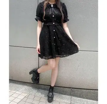 ROJITA 전체 레이스 반소매 원피스 블랙