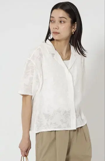 그린 레이블 리라크싱 자카드 오픈 칼라 셔츠 - 흰색