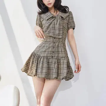 빅 리본 벌룬 체크 미니 원피스