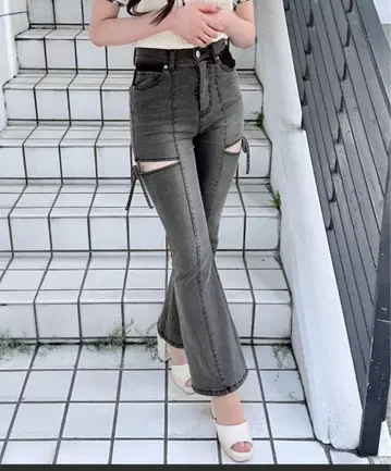 NOMAE 노마에 사이드 리본 플레어 데님 블랙 S 사이즈