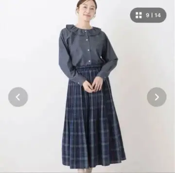 미품  애프터눈 티  체크 무늬  롱 플리츠 스커트