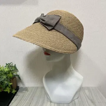 베이지 밀짚모자 그레이 리본 린넨