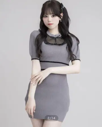택 포함 pium 튤 프릴 도리 니트 퍼프 원피스 차콜 그레이