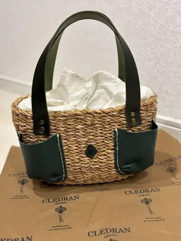CLEDRAN 컨디션 최상 바스켓백 스트로우 X 모스그린 가죽