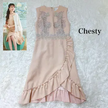 Chesty 꽃무늬 레이스 플라워 프릴 원피스 핑크 베이지