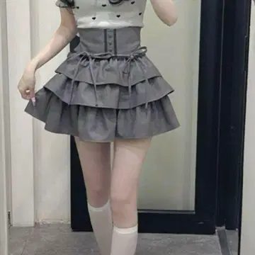 미셸 마카롱 티어드 프릴 스커트 XS 그레이 이모 짱