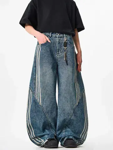 스트라이프 디자인 와이드 데님 팬츠