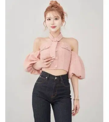 다리치 Darich 퍼프 슬리브 오프숄 트위드 상의 PNK