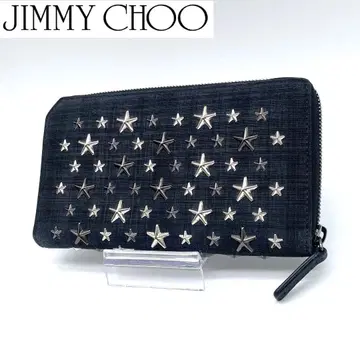 [새상품급] JIMMY CHOO 가죽 x 데님 장지갑 스터드 블랙 블랙