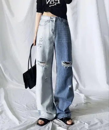 바이컬러 데미지 와이드 레그 데님 팬츠