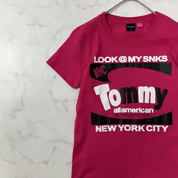 TOMMY 일본제 빅 로고 프린트 크루넥 리브 반팔 티셔츠 M