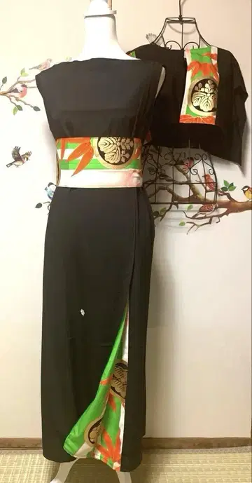 기모노 리메이크 롱 원피스 케이프 오비 벨트 세트