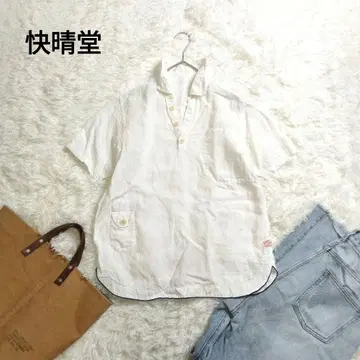[새상품급] 쾌청당 린넨 100% 반팔 오픈 카라 셔츠 화이트 일본제 M