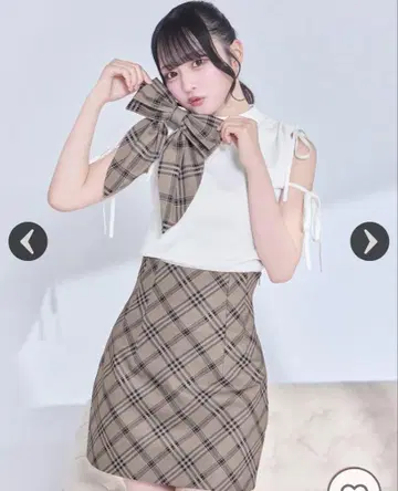 체크 잘록 허리 슬림 레그 스커트 & 헤어 액세서리 세트
