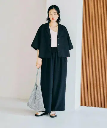 LEPSIM 컬러 5부 소매 셔츠 & 개더 와이드 플레어 팬츠 세트