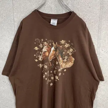 JERZEES 애니멀 말 호스 프린트 브라운 빅 T셔츠 2XL