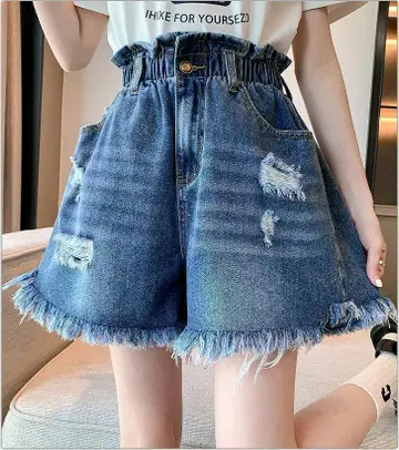 프릴 데님 숏팬츠 빅 사이즈 새상품 한국 스타일 태슬 데미지