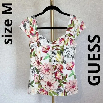 GUESS 게스 플라워 슬리브리스 상의 꽃무늬 오프숄 티셔츠