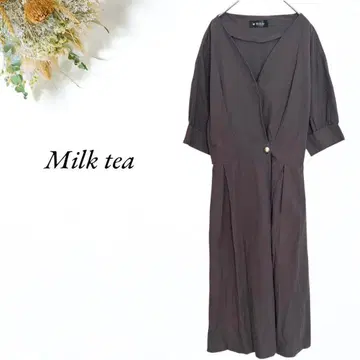 Milk tea 반팔 롱 원피스 브라운 한국제 골드 버튼 V넥 3523