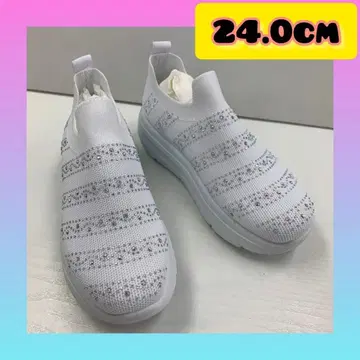 24.0cm 여성용 새상품 통굽 스톤 장식 슬립온 스니커즈 화이트