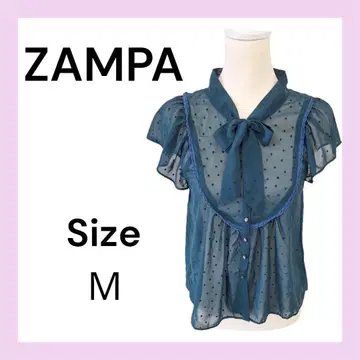 새상품급 ZAMPA 반팔 블라우스 비침 있음 그린 리본 사이즈 M