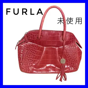 FURLA 미사용 빨간색 크로커다일풍 핸드백 여성용 약간 흠집 있음