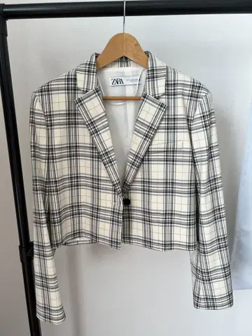 ZARA 아이보리 블랙 체크 테일러드 재킷