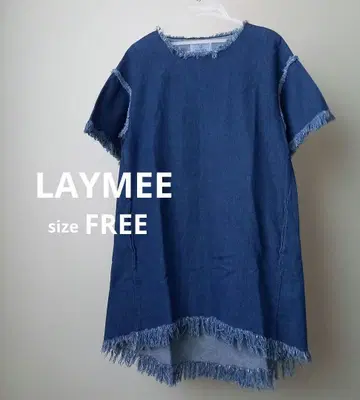 [LAYMEE] 데님 프린지 원피스 컷오프 진청 반팔 미사용 새상품급
