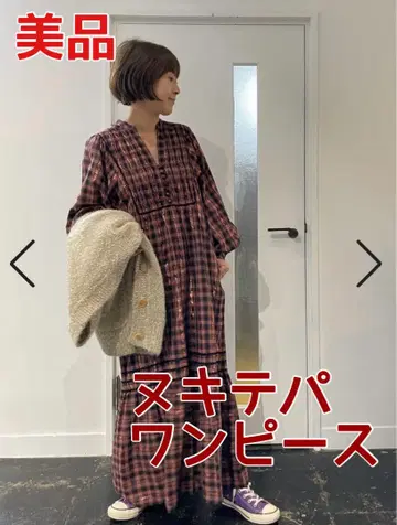 새상품급 누키테파 체크 무늬 롱 원피스 싸개 버튼이 귀여운 S 사이즈