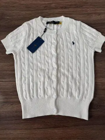 세련된 화이트 POLO 케이블 니트 반팔 가디건