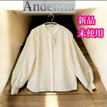 안데뮤 미사용 새상품 소매 레이스 블라우스 스탠드 카라 아이보리