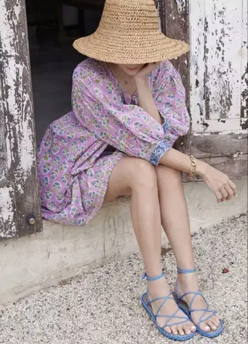 블록 프린트 원피스 인도 코튼 면 7부 소매