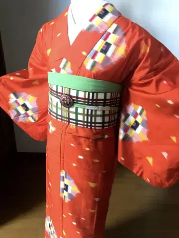 명선 앤티크 기모노 오렌지 컬러풀 모자이크