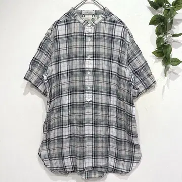 케이티 키요코 타카세 린넨 100% 반팔 셔츠 체크 비침 내추럴 M