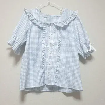 디어마이러브 깅엄 체크 블라우스 하트 버튼 프릴 세일러 카라