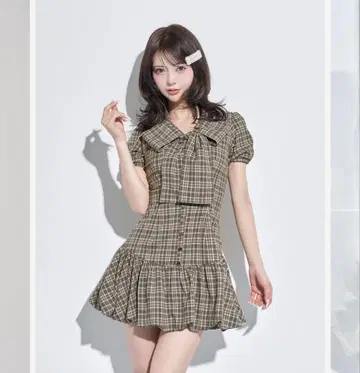 Darich 빅 리본 벌룬 체크 미니 원피스 베이지 FREE