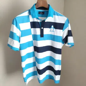 Munsingwear 반팔 보더 피케 셔츠 M 블루 x 화이트