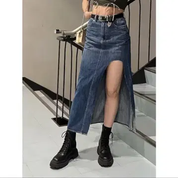EVRIS 디 슬릿 데님 롱 스커트