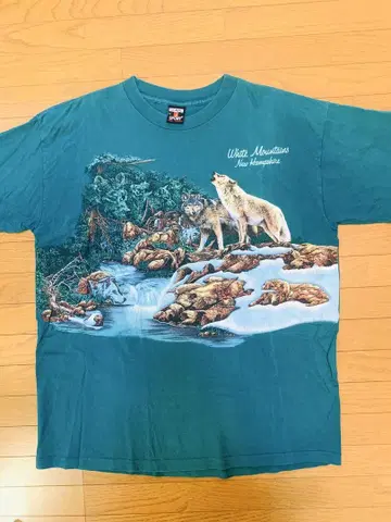 90s USA 제작 애니멀 티셔츠 늑대 개 L 그린 녹색 파랑