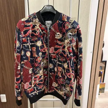 ZARA 스컬 자수 스카잔 네이비/레드