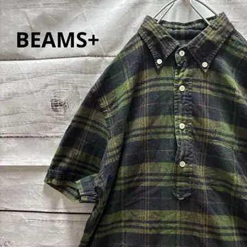 BEAMS+ 체크 무늬 풀오버 셔츠 반팔 셔츠 버튼 다운 일본제