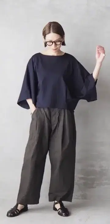 HAVERSACK 보트넥 와이드 슬리브 티셔츠 네이비