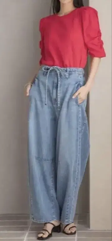 이지 배럴 데님 팬츠 와이드 팬츠