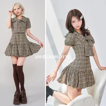 다리치 darich 빅 리본 벌룬 체크 미니 원피스 BEG F