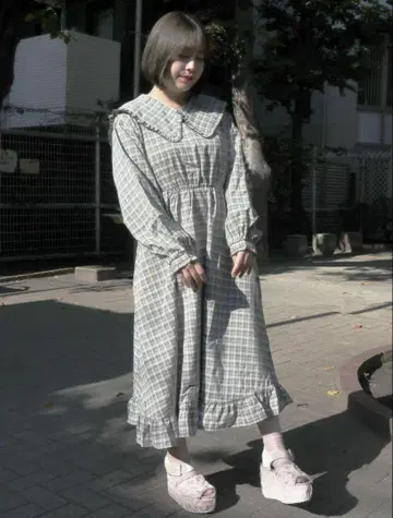 프릴 칼라 체크 원피스