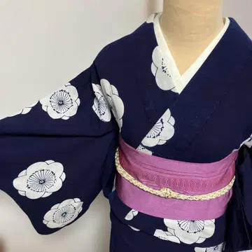 앤티크 레트로 네이비 컬러 주염 나염 매실 패턴 전부 손바느질 유카타