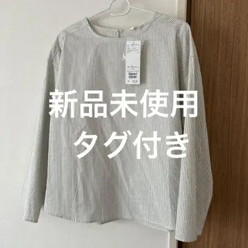 Samansa Mos2 blue 스트라이프 린넨 혼방 크루넥 블라우스
